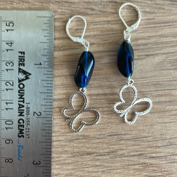 HAND CRAFTED BUTTERFLY EARRINGS, Blue and Silver - Picture 3 of 12